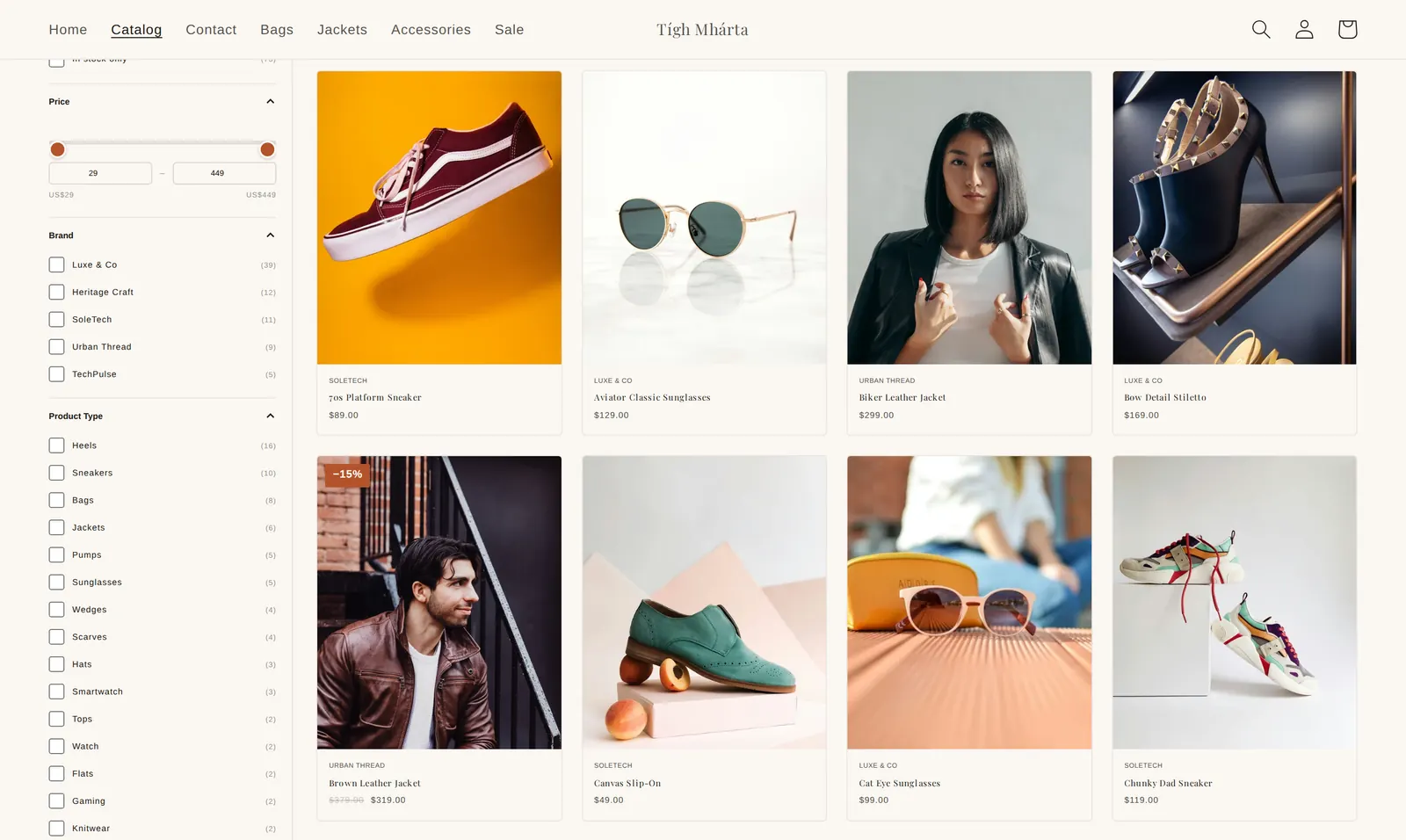 A collection page with a filter sidebar of availability, price range, brand, product type, colour swatches and size buttons, beside a grid of products with sale badges.