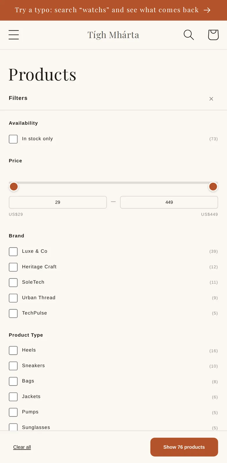 On a phone, a filter drawer with availability, a price slider, brands and product types, and a button to show 76 products.