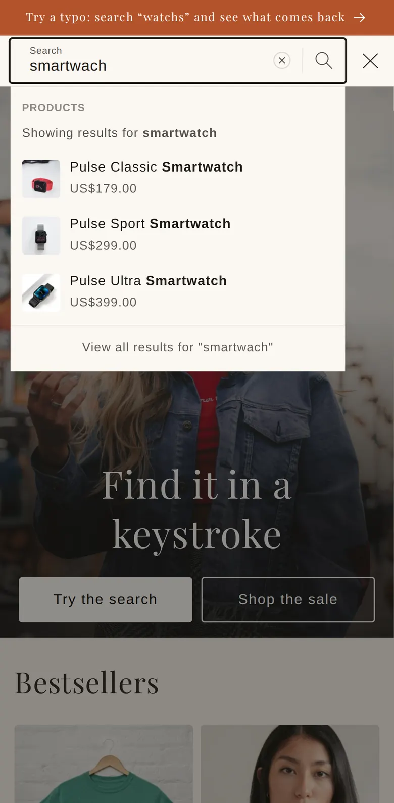 On a phone, “smartwach” typed into the search box, with smartwatches listed below.
