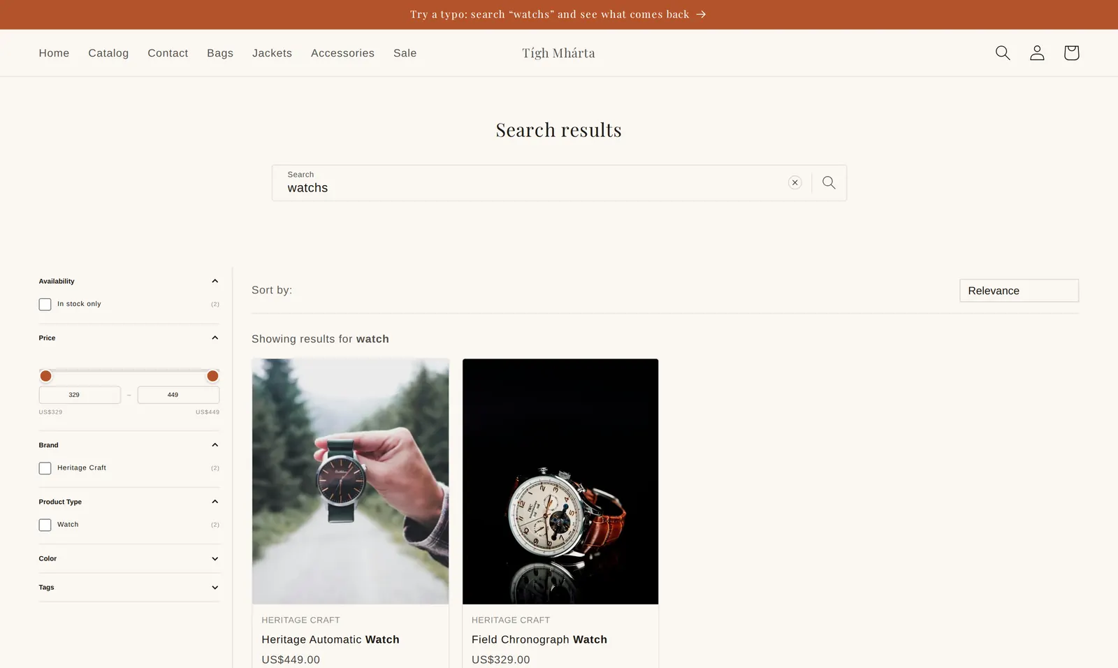 A search results page for “watchs”, showing “Showing results for watch” above two watch cards, with filters for availability, price, brand, product type and colour on the left.